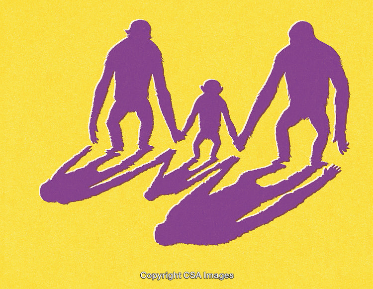 Purple Silhouette of Monkeys Holding Hands Over a Yellow Background