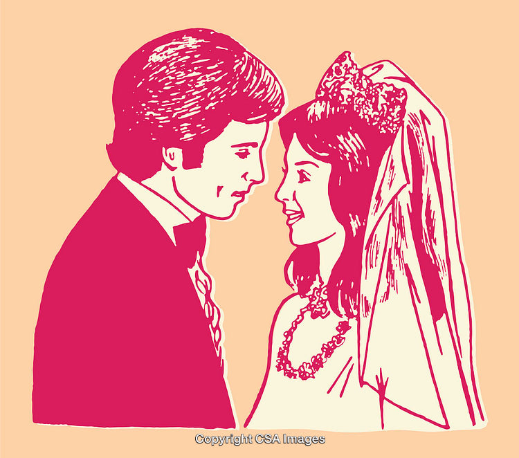 Colorful Illustration of a Bride and Groom in a Vintage Style