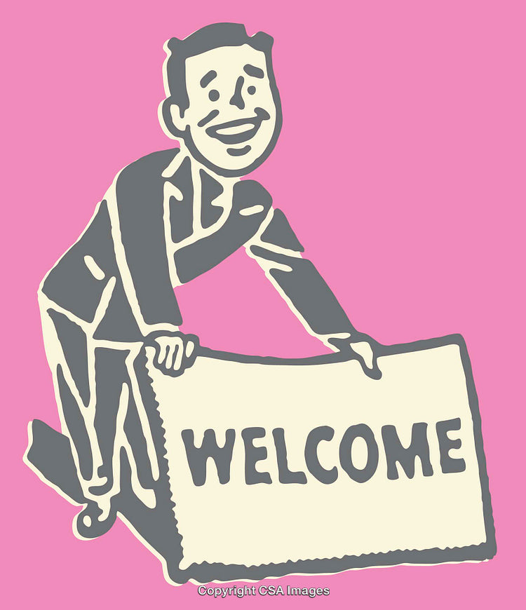 Vintage Illustration of a Welcoming Figure Holding a 'Welcome' Sign