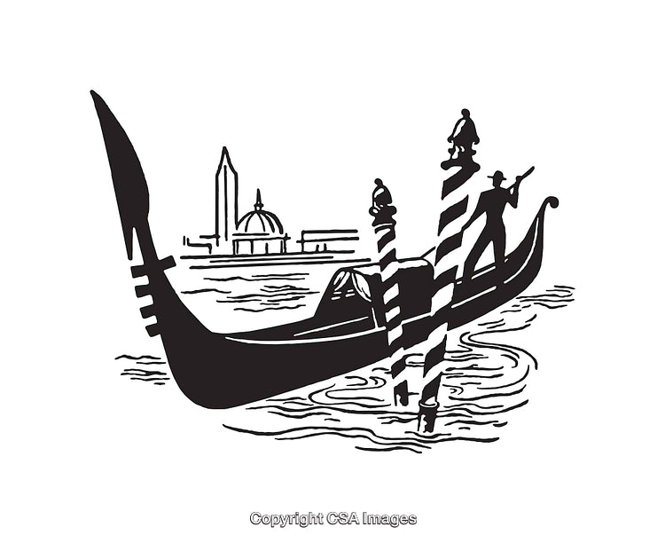 Venetian Gondola Line Art Depicting Traditional Italian Waterfront Scene