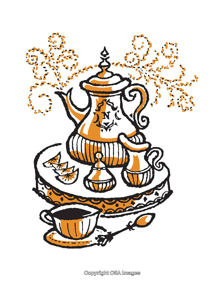 Elegant Tea Set Illustration with Vintage Style and Warm Color Accents