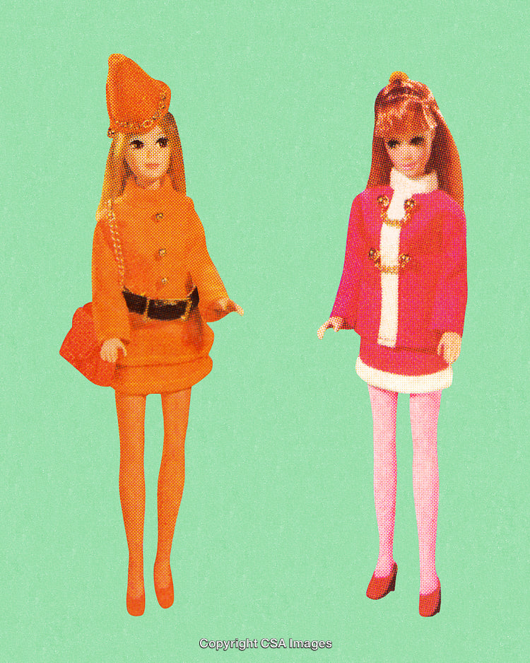 Retro Fashion Dolls in Bold Colorful Outfits on a Vintage Background