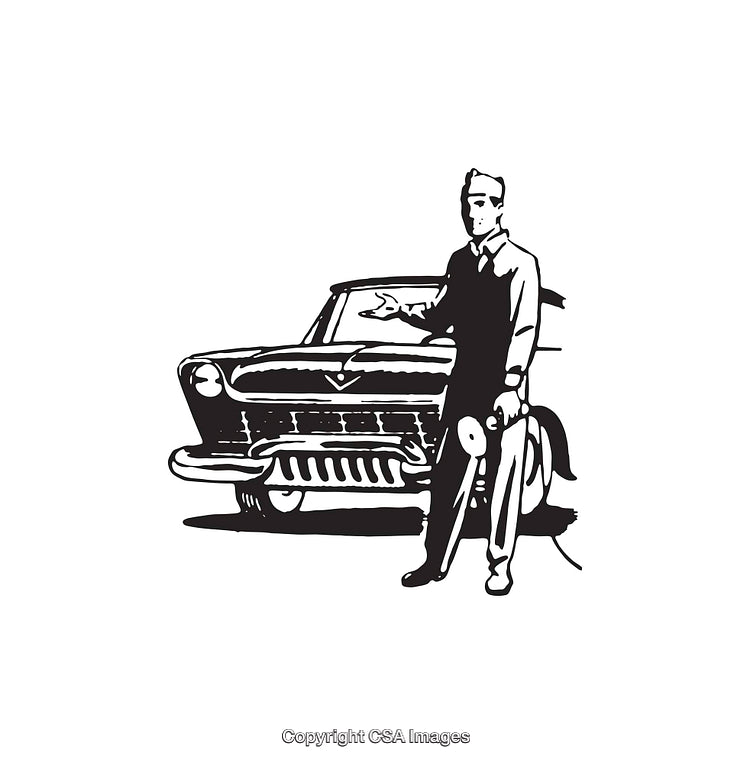 Retro Line Art Illustration of Man with Classic Car