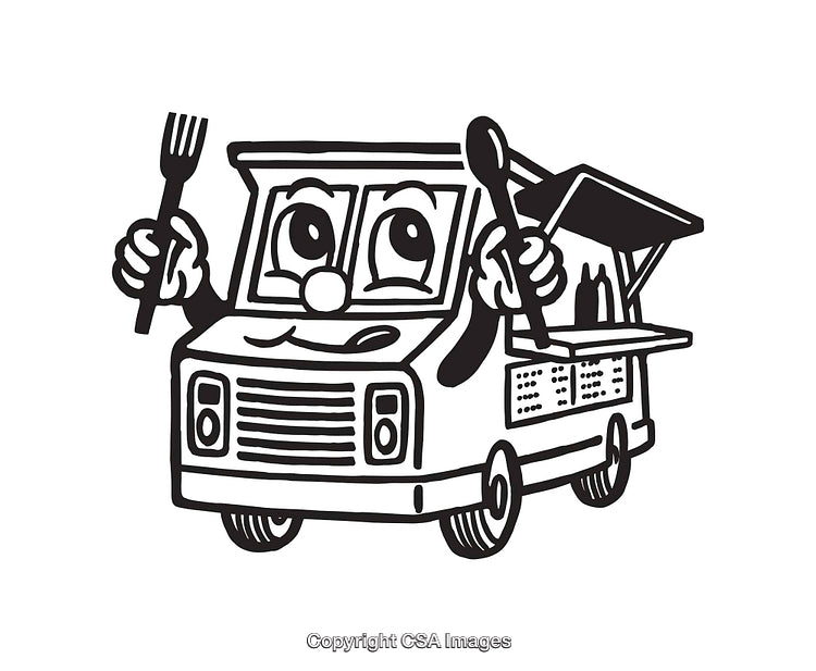 Black And White Cartoon Food Truck Illustration With Utensils