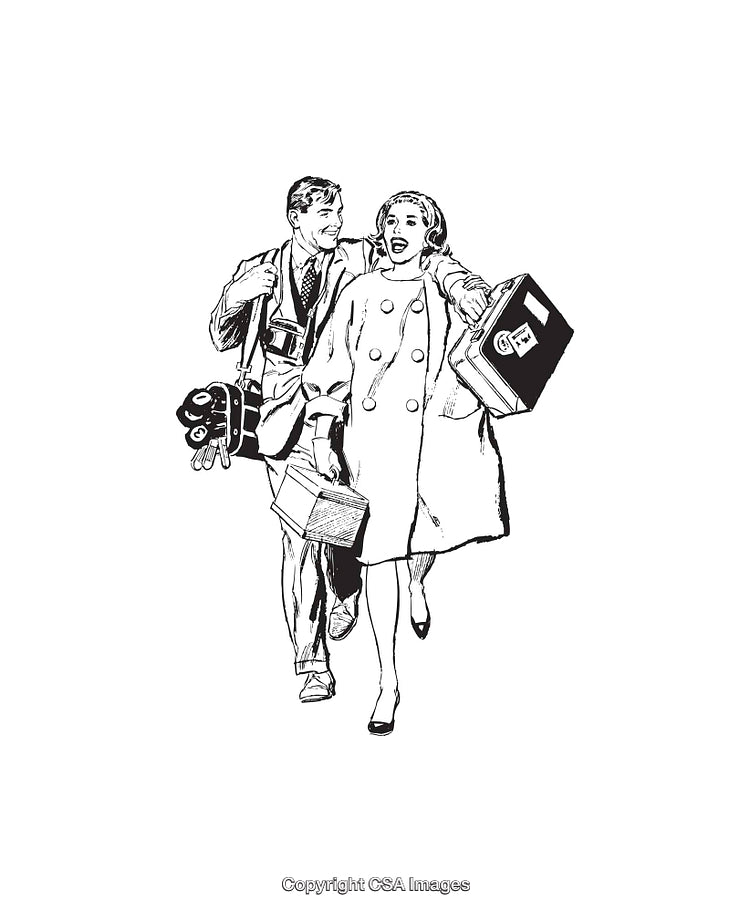 Retro Couple Carrying Luggage and Relaxation Items in Black and White Art