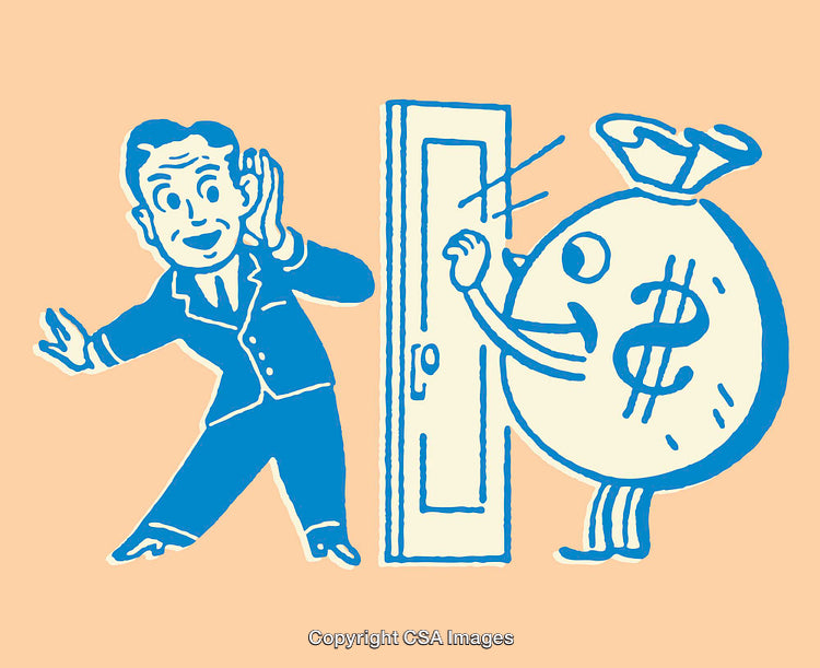 Colorful Line Art Depiction of Finance Concept Featuring Anthropomorphic Money Bag