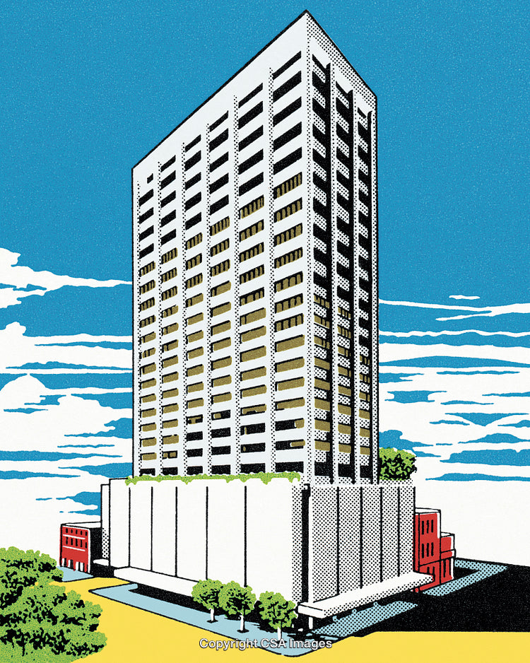 Modern High-Rise Building in Pop Art Style Against a Blue Sky