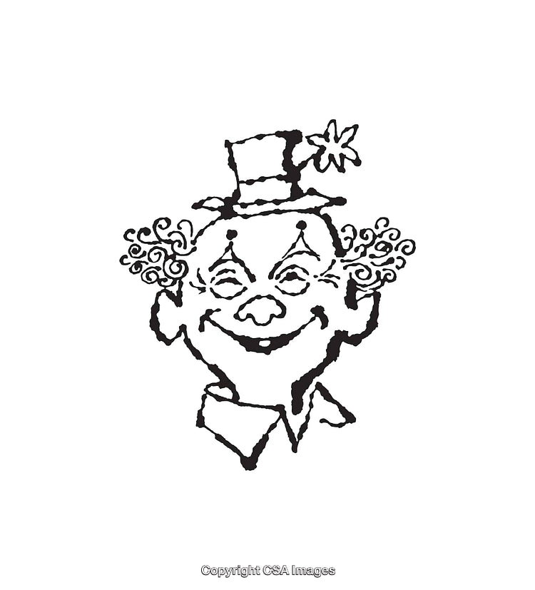 Black and White Line Art Illustration of a Happy Clown Face Drawing