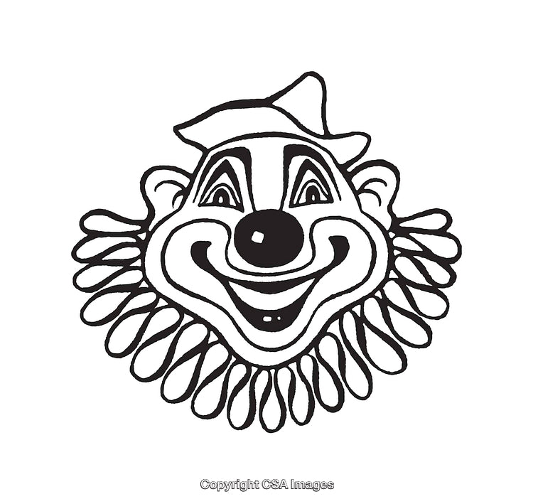 Black and White Line Art Illustration of a Cheerful Circus Clown Face