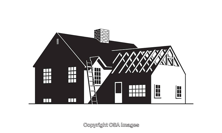 Black and White Illustration of a House Undergoing Renovation Process