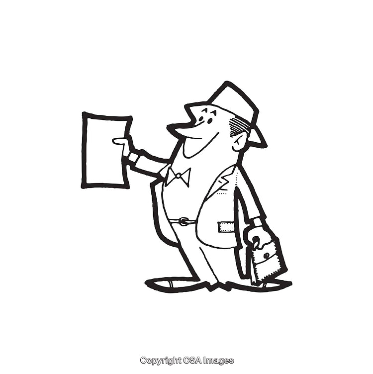 Retro Style Businessman Holding Document and Briefcase in Black and White