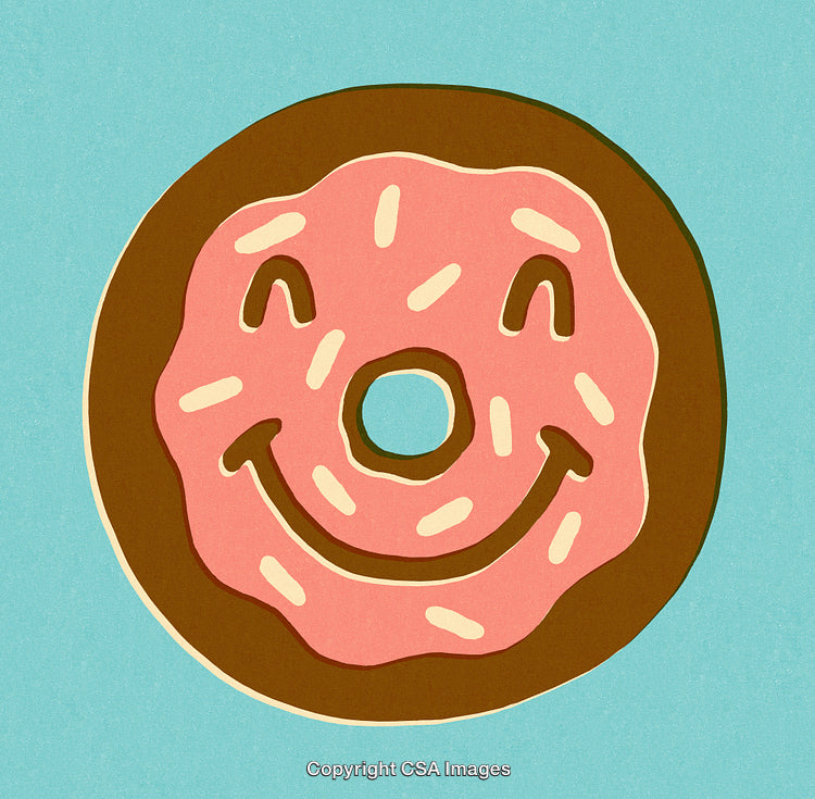 Smiling Pink Sprinkle Donut Illustration on a Blue Background