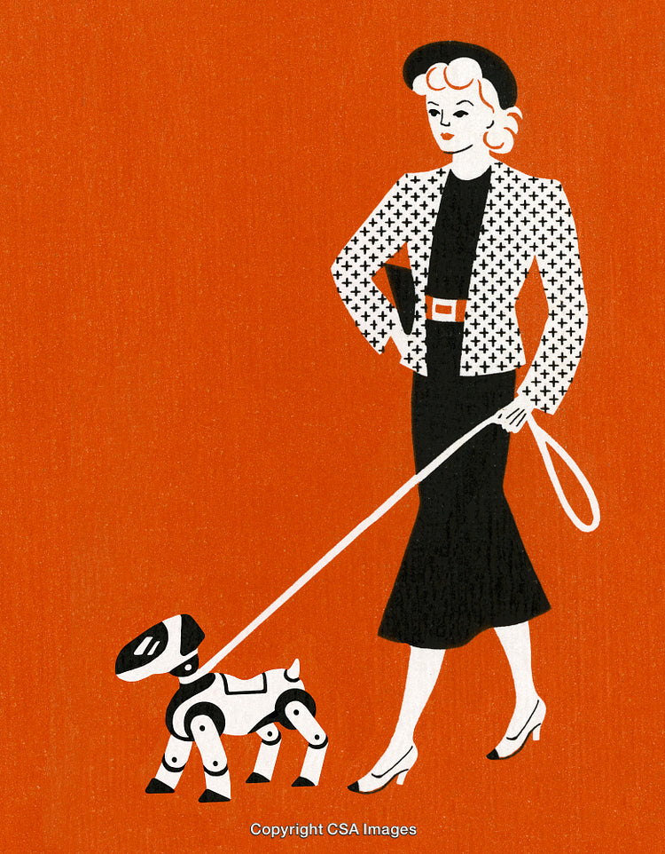 Retro Illustration Woman Walking Robotic Dog on Vibrant Orange Background