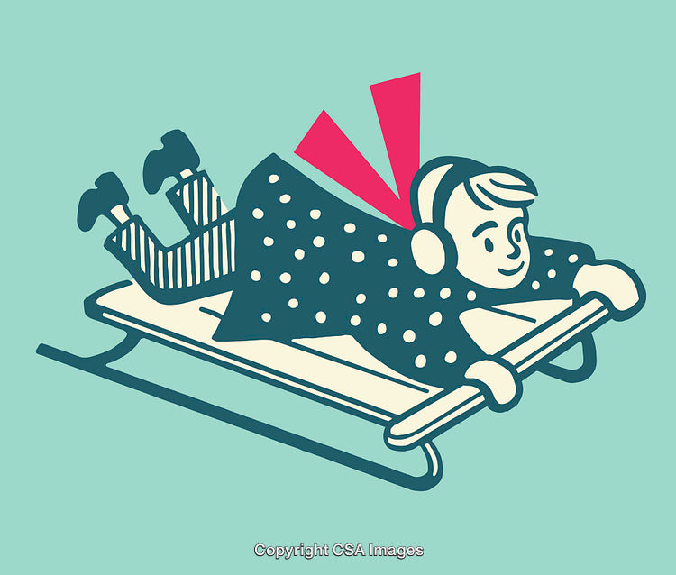 Playful Character on a Winter Sled in Retro-Style Artwork