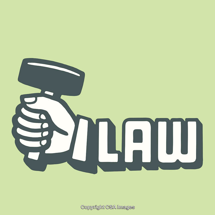 Hand Holding Gavel with Bold Law Text on Green Background