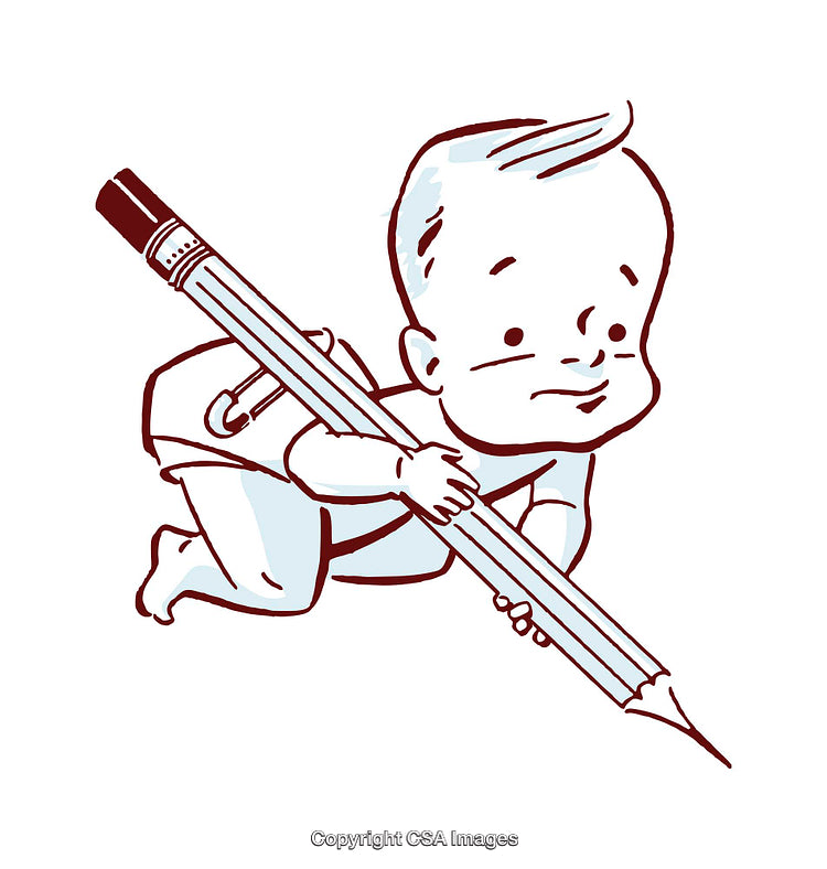Playful Cartoon Baby Holding a Giant Pencil Drawing Illustration