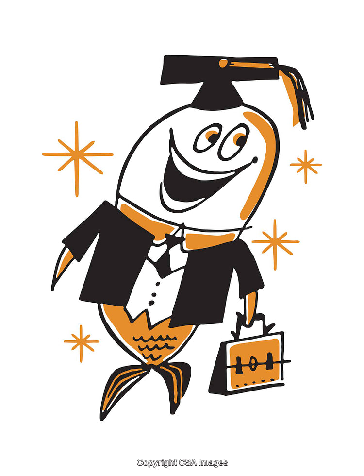 Cartoon Fish Wearing Graduation Attire with Briefcase and Smiling Expression