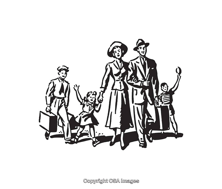 Vintage Style Line Art Showing a Family Walking Together