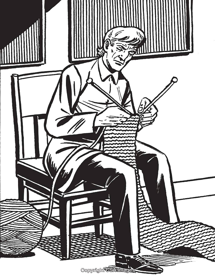 Black and White Drawing of Person Knitting in a Calm Setting