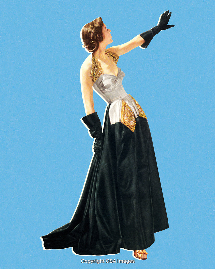Elegant Woman in Formal Gown Against Blue Background