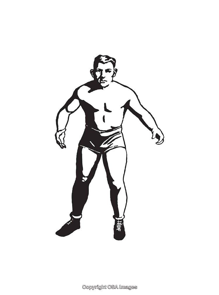 Vintage Wrestler in a Dynamic Pose as Black and White Line Art
