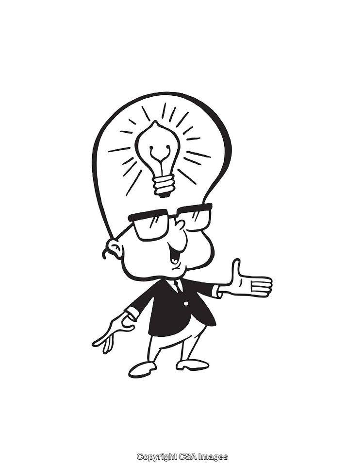 Black and White Illustration of a Character with a Light Bulb Head