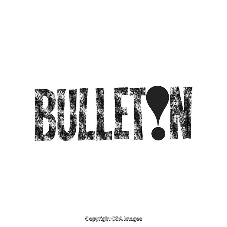 Black Textured Bulletin Word with Exclamation Mark on White Background