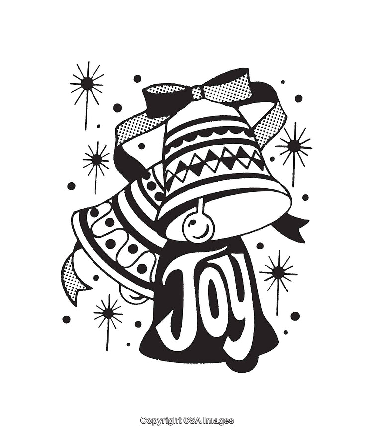 Black and White Christmas Bell Illustration with Joyful Design Elements