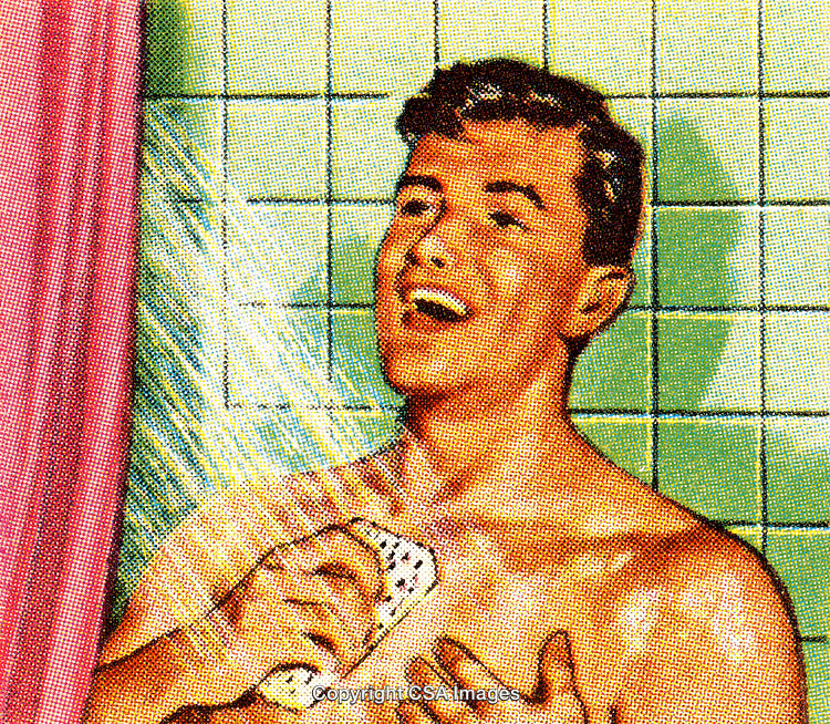Retro Illustration of a Happy Man Singing in the Shower