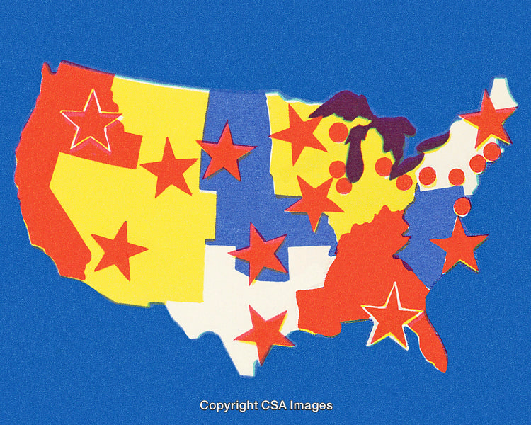 Colorful Map of United States with Stars and Patterns on Blue Background