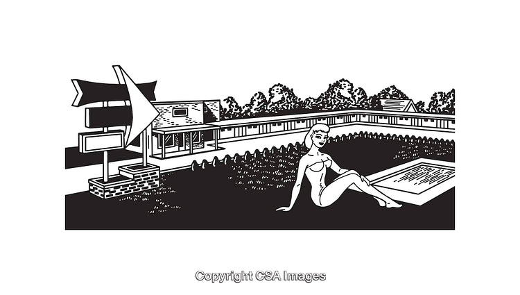 Black And White Line Art Illustration of Retro Poolside Relaxation Scene