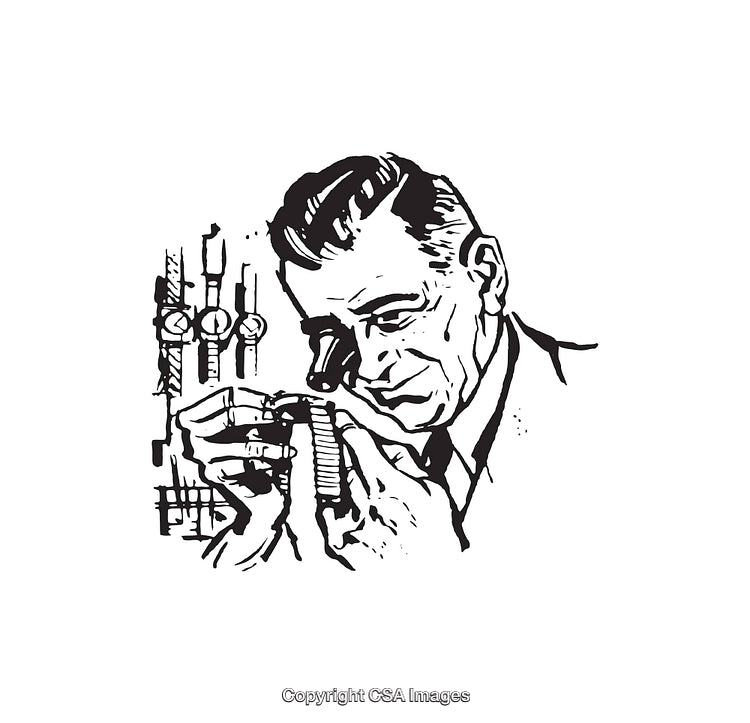 Black and White Line Art of a Watchmaker at Workbench