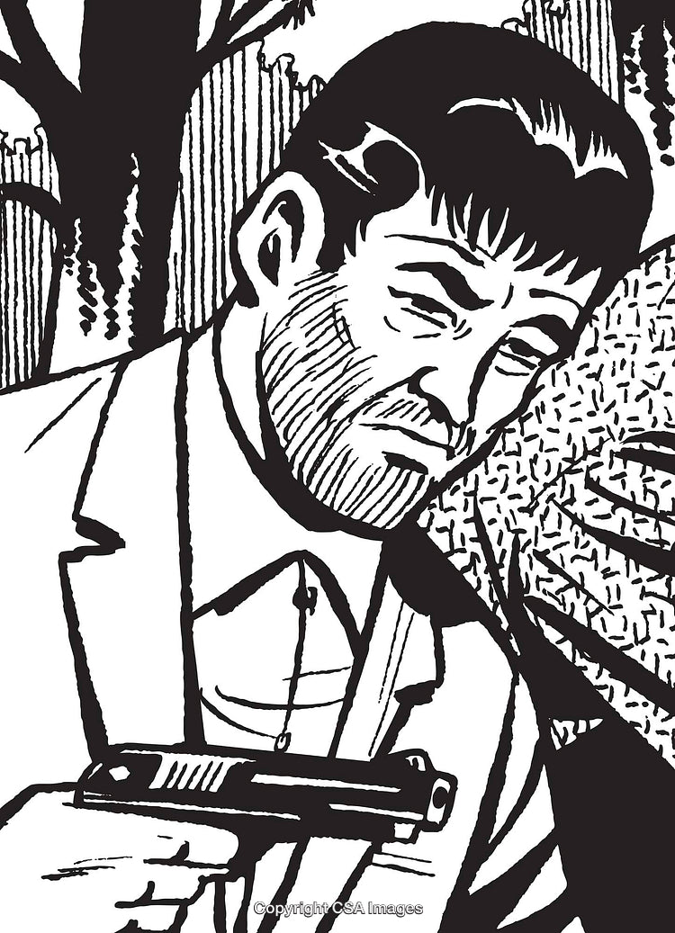 Black and White Illustration of a Man Holding a Gun with a Serious Expression