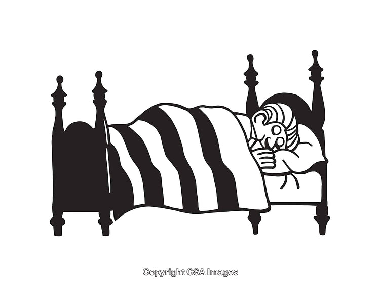 Black and White Illustration of a Sleeping Person in a Wooden Bed