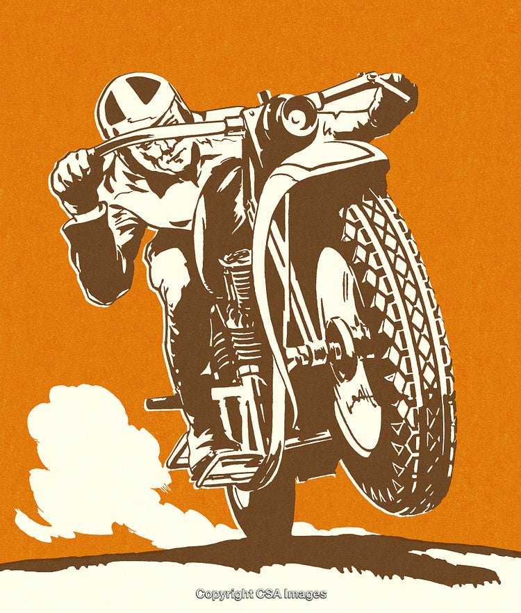 Vintage Illustration of Motorcyclist Performing a Stunt on an Orange Background
