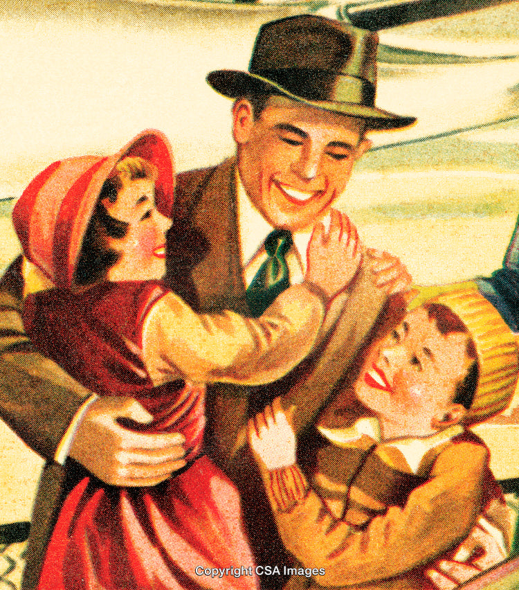 Smiling Father Embraces Two Children in a Joyful Moment Together