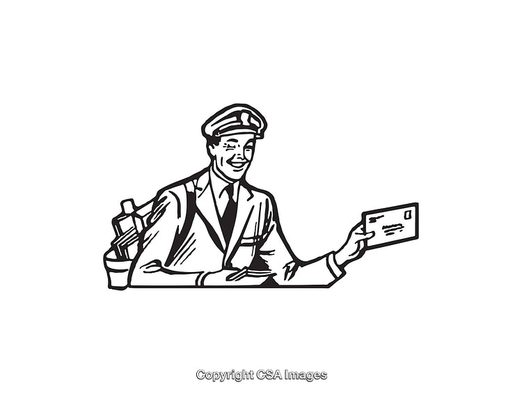 Vintage Line Art Illustration of a Mail Carrier Delivering a Letter