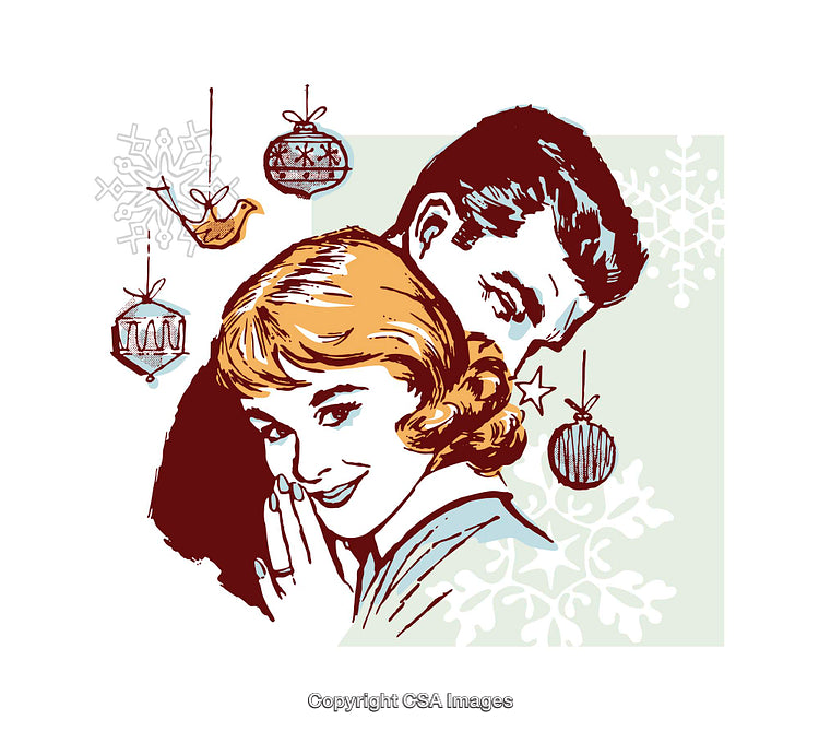 Retro Style Illustration of a Romantic Couple During Christmas Season