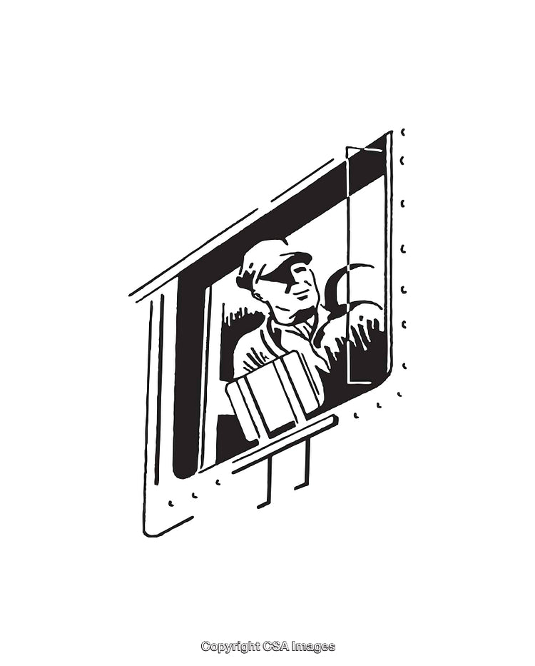 Monochrome Illustration of a Worker in a Train Compartment