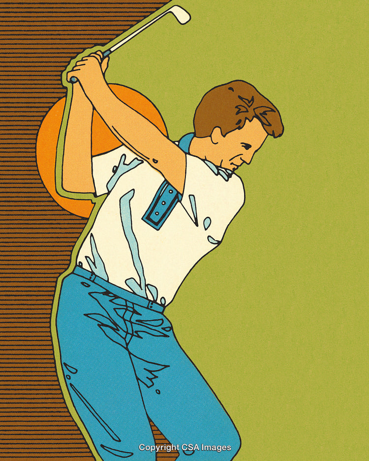 Stylized Illustration of a Golf Player Swinging Against a Modern Background