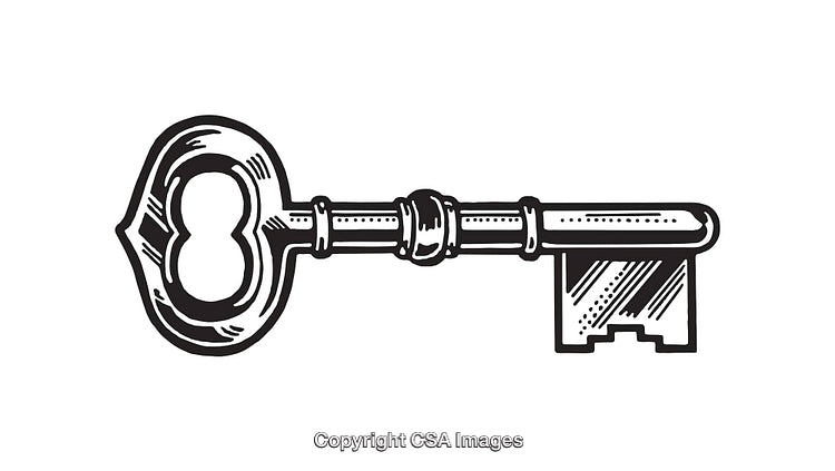 Vintage Black and White Key Illustration in Line Art Style
