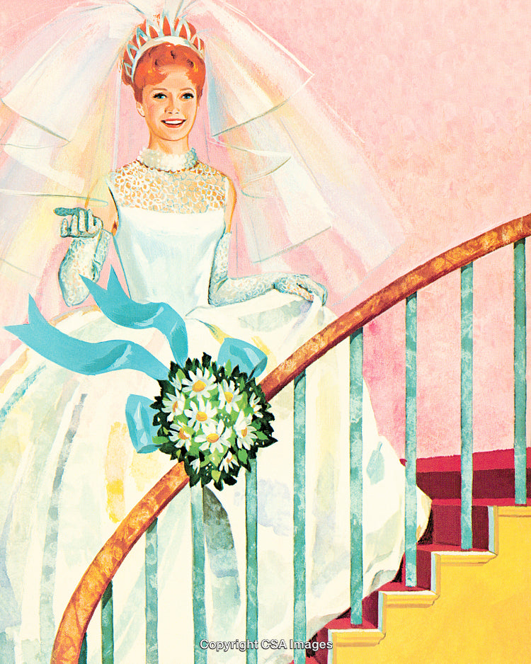 Elegant Bride Descending a Staircase With a Bouquet of Flowers