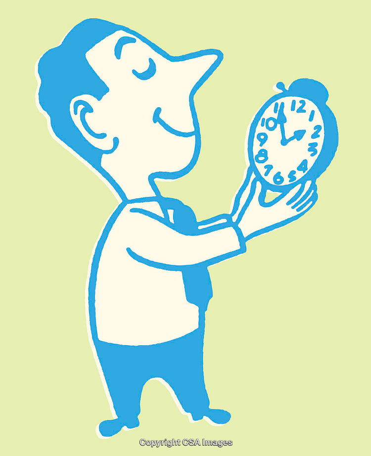 Cartoon Illustration of Man Admiring an Alarm Clock in Blue and Green