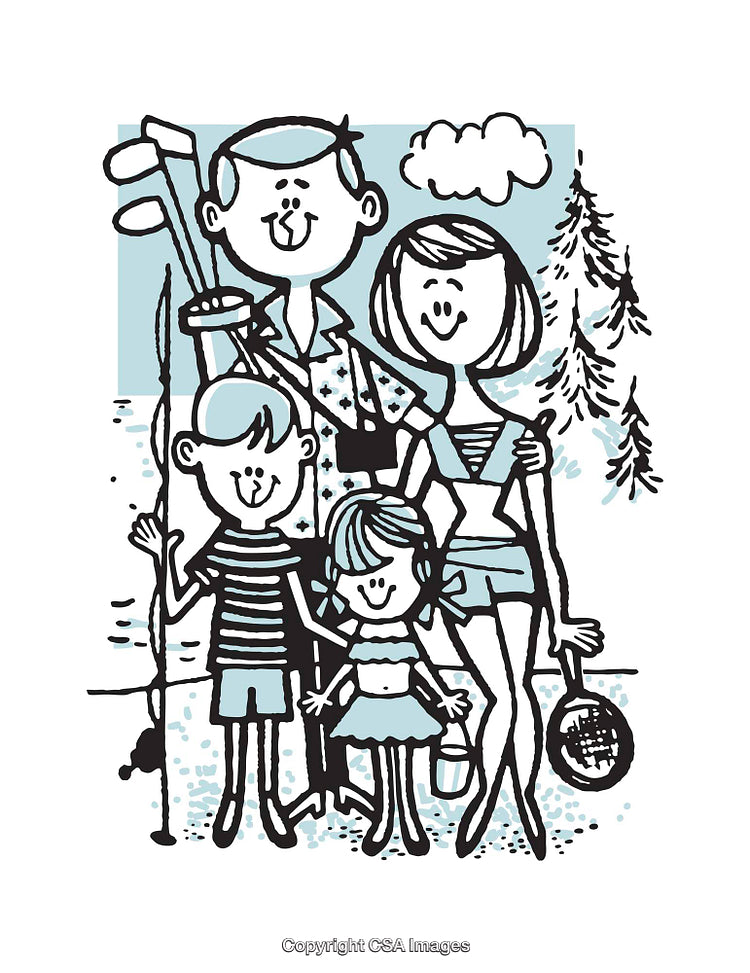 Retro Family Illustration with Outdoor Recreation and Happy Expressions
