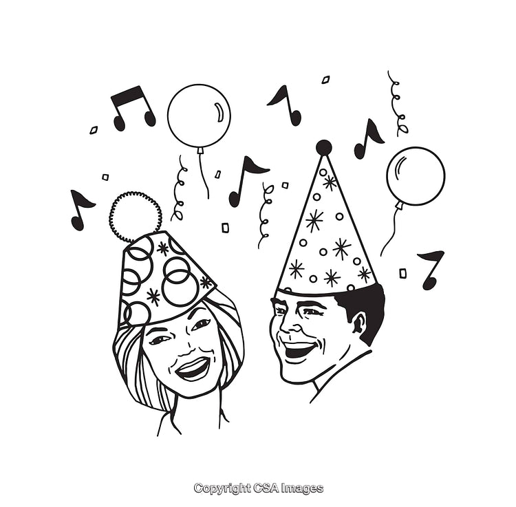 Festive Celebration Scene with Party Hats and Musical Notes in Line Art