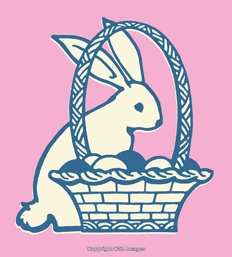 Cute Bunny and Easter Basket Art in Pink and Blue Tones