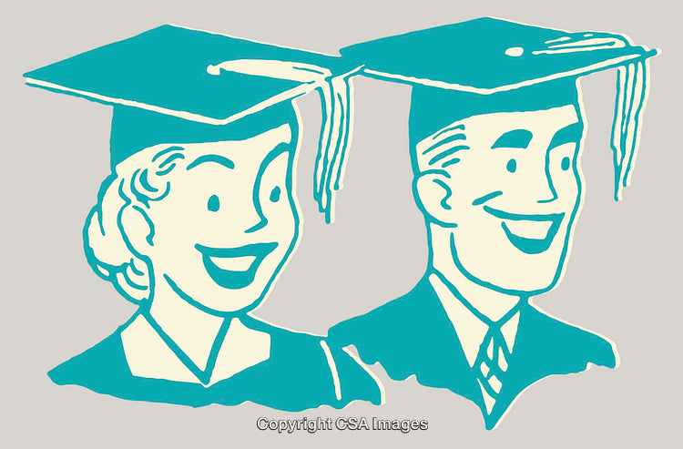 Retro Style Illustration of Two Happy Graduates in Academic Attire