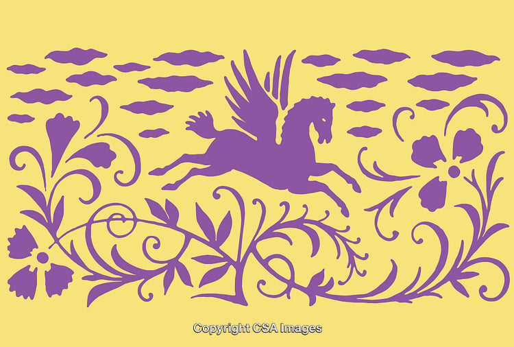 Purple Winged Horse in Floral and Cloud Line Art Design