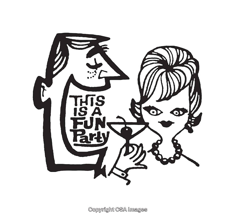 Retro Black and White Party Illustration Featuring Fun Characters