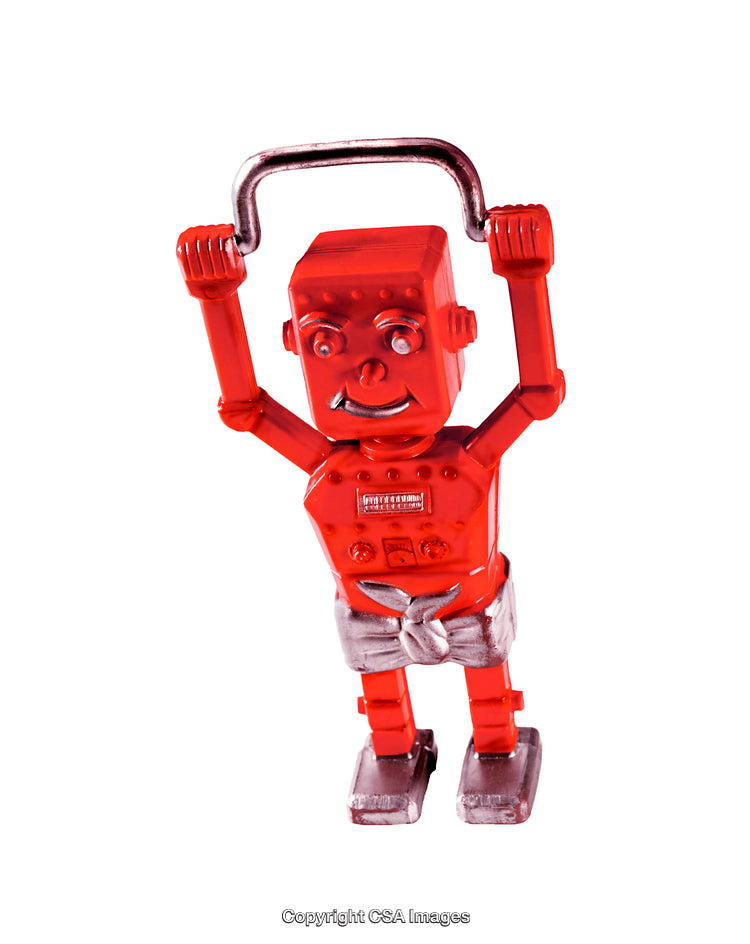 Retro Style Red Robot Toy Figure with Metallic Features on White Background